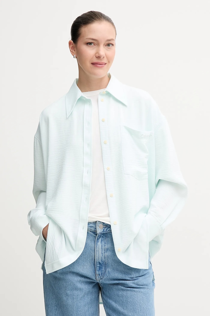 Levně Košile Calvin Klein Jeans dámská, tyrkysová barva, relaxed, s klasickým límcem, LV044C148G