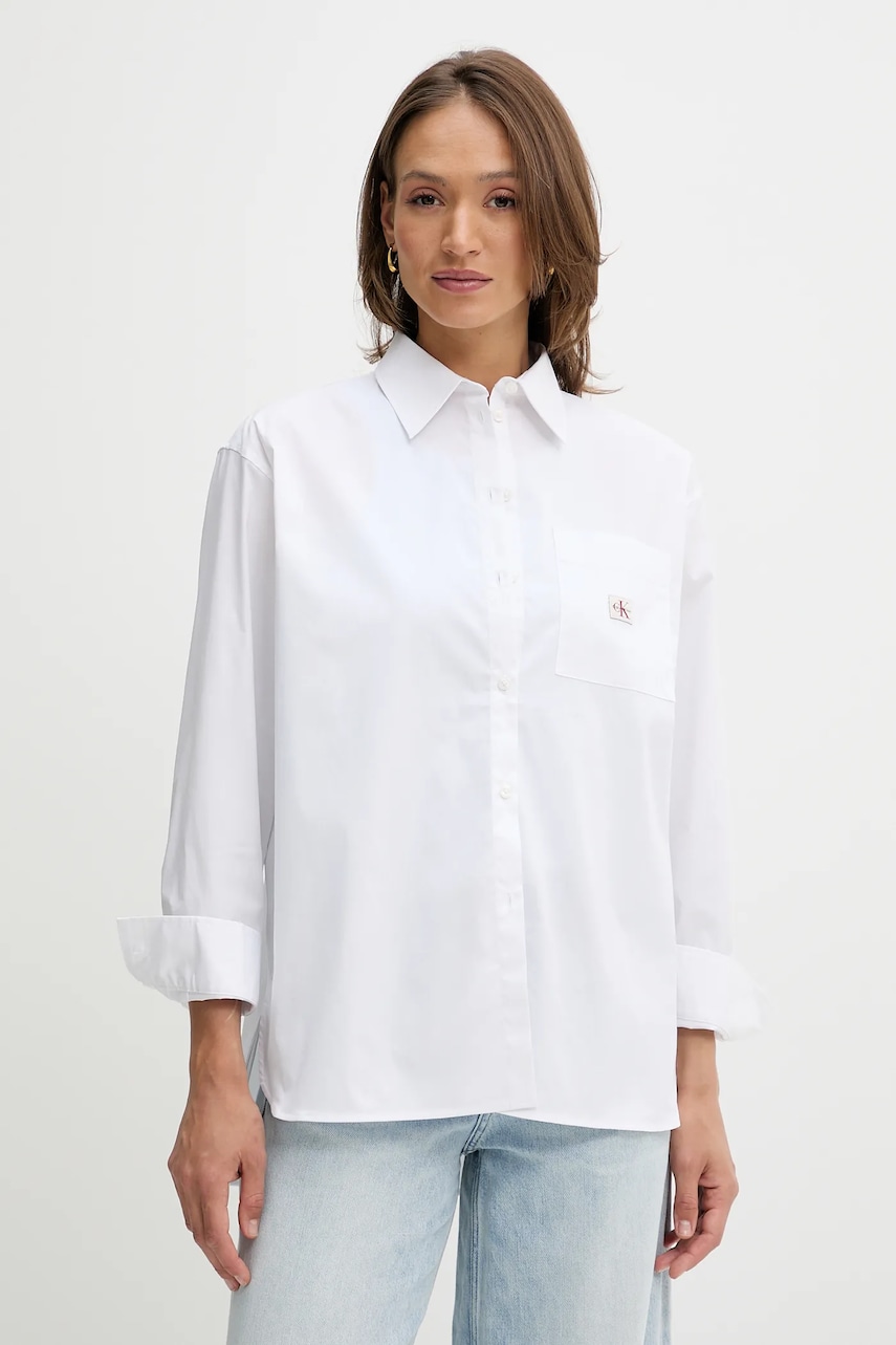 Levně Košile Calvin Klein Jeans dámská, bílá barva, relaxed, s klasickým límcem, LV047C143G