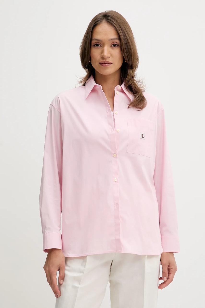 Levně Košile Calvin Klein Jeans dámská, růžová barva, relaxed, s klasickým límcem, LV047C143G