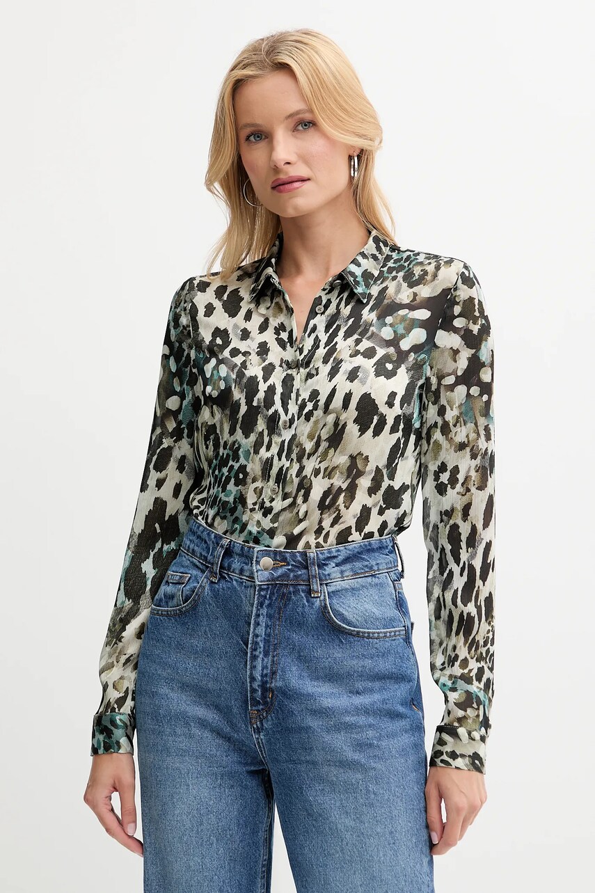 Levně Košile Guess CLOUIS dámská, černá barva, regular, s klasickým límcem, W5YH0X WDW82
