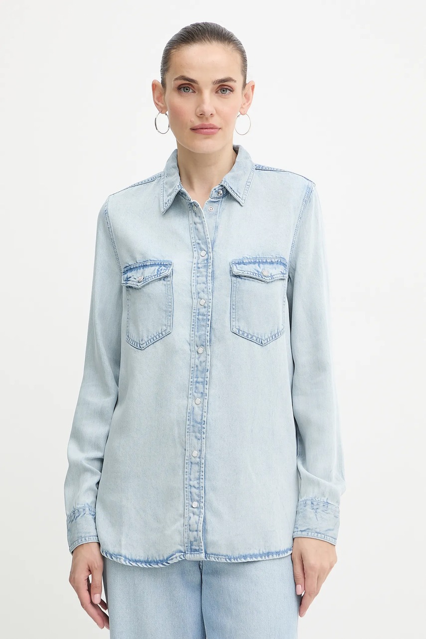 Levně Košile Guess WESTERN dámská, modrá barva, regular, s klasickým límcem, W5YH33 D4N61