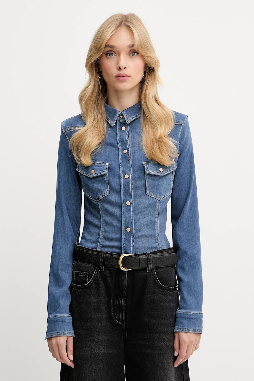 Levně Košile Guess KALIMA dámská, tmavomodrá barva, slim, s klasickým límcem, W5YH63 D0781
