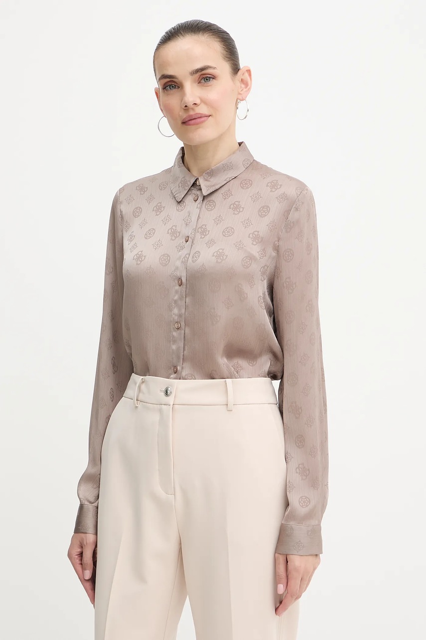 

Риза Guess MARTHE дамска в бежово със стандартна кройка с класическа яка W5YH1A WHCR2, Бежов