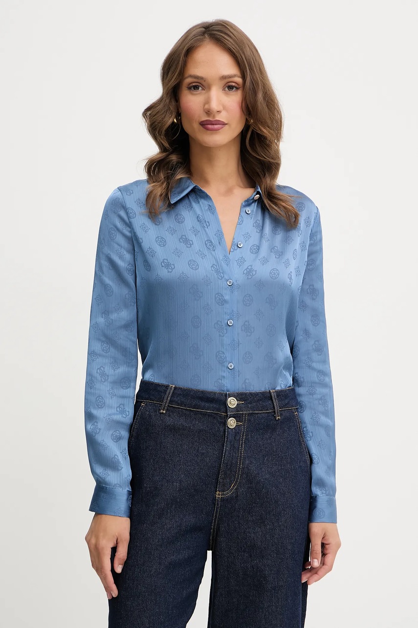 Levně Košile Guess MARTHE dámská, modrá barva, regular, s klasickým límcem, W5YH1A WHCR2