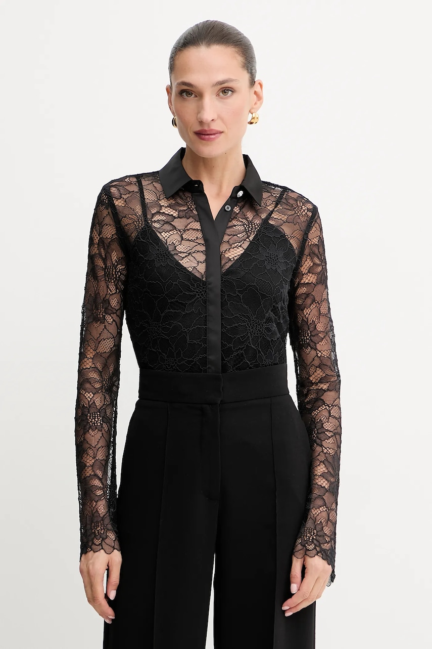Levně Košile Guess ANTOINETTE dámská, černá barva, regular, s klasickým límcem, W5YH58 WHDY0