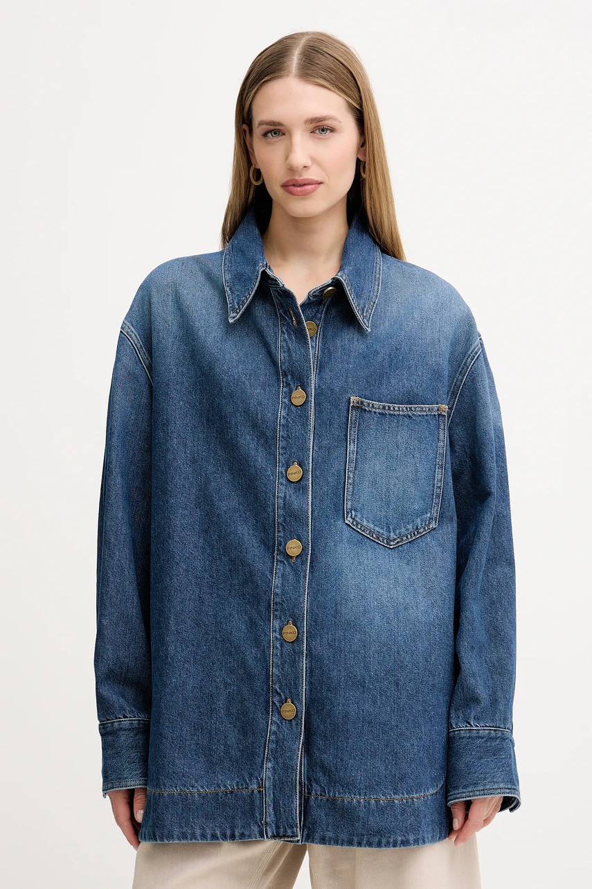 Levně Džínová košile Pinko dámská, modrá barva, relaxed, s klasickým límcem, 105669 A2TX