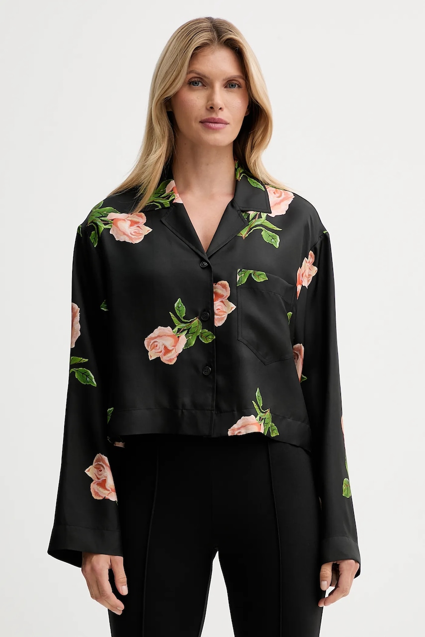 Nanushka cămașă de mătase culoarea negru, cu guler clasic, relaxed, NW25PFTP05798