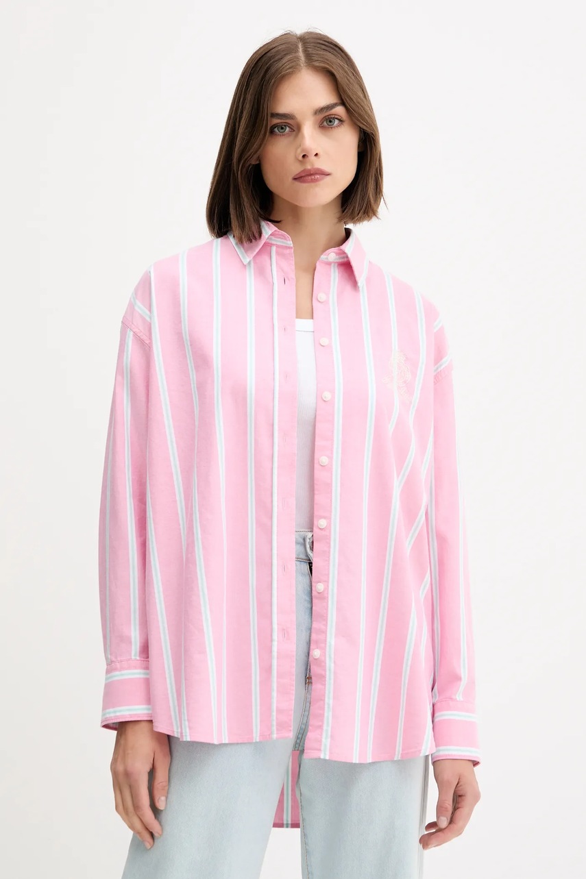 Levně Bavlněná košile Guess Jeans dámská, růžová barva, relaxed, s klasickým límcem, W5YH98 WHFL1