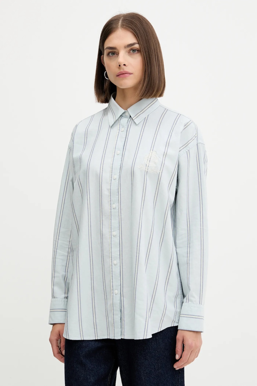 Levně Bavlněná košile Guess Jeans dámská, modrá barva, relaxed, s klasickým límcem, W5YH98 WHFL1