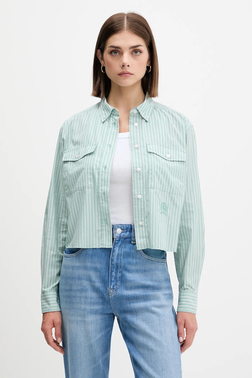 Tommy Jeans cămașă din bumbac culoarea verde, cu guler clasic, relaxed, DW0DW21453