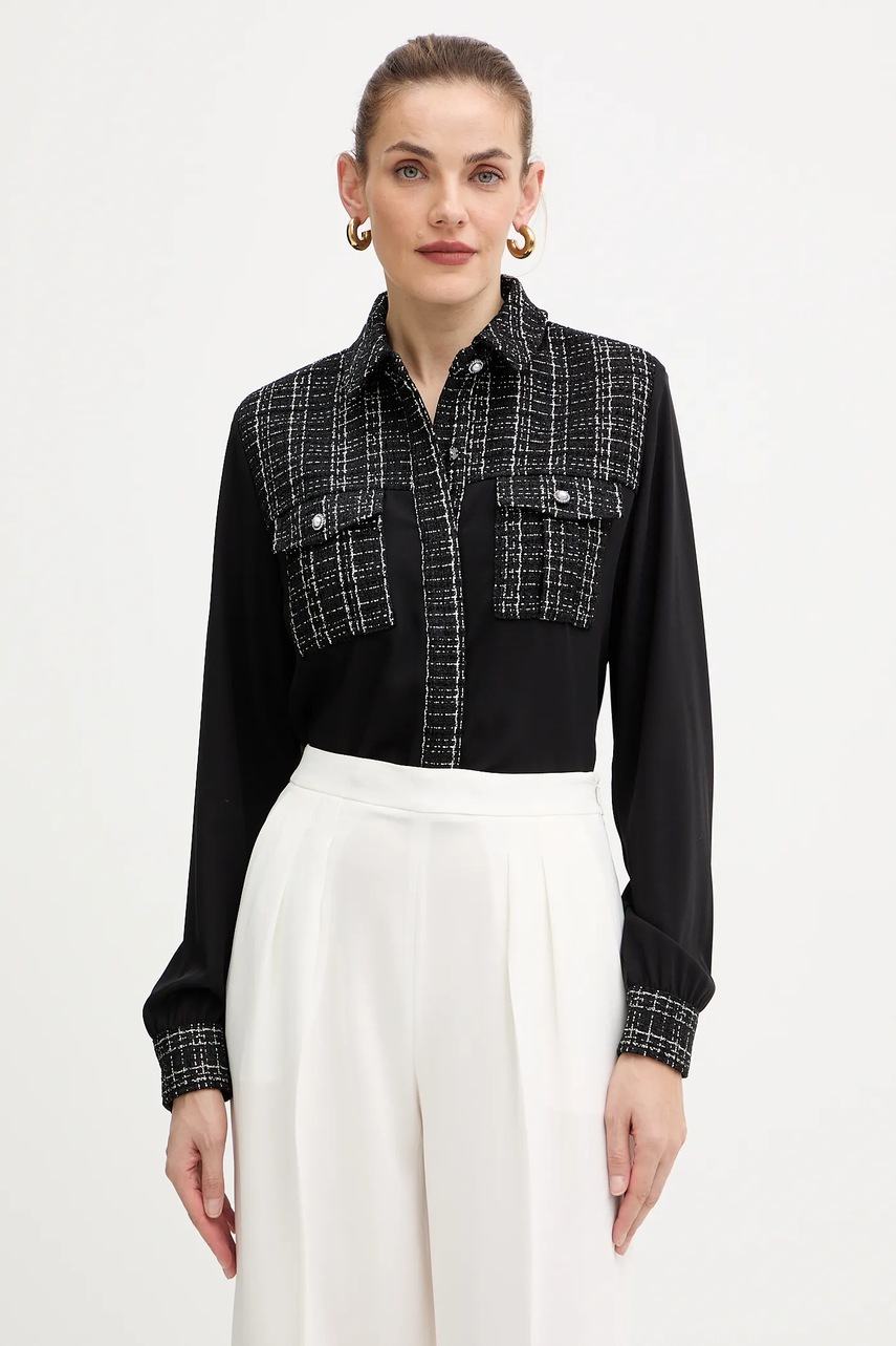 Levně Košile Guess SANDRA dámská, černá barva, regular, s klasickým límcem, W5BH55 W2382