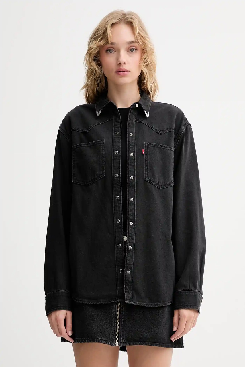 Levi\'s cămașă jeans culoarea negru, cu guler clasic, relaxed, A7244