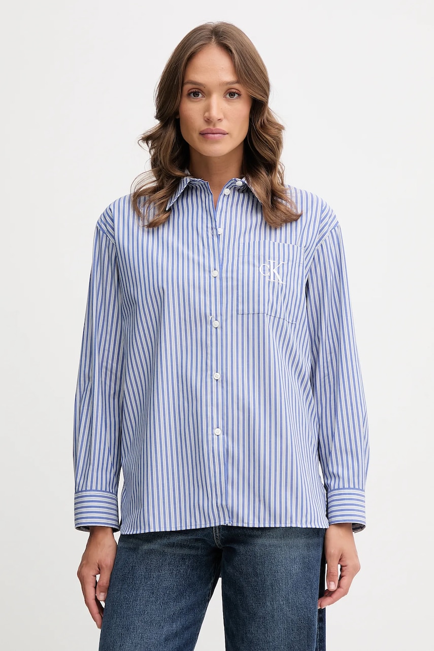 Levně Košile Calvin Klein Jeans dámská, modrá barva, relaxed, s klasickým límcem, LV044D170G