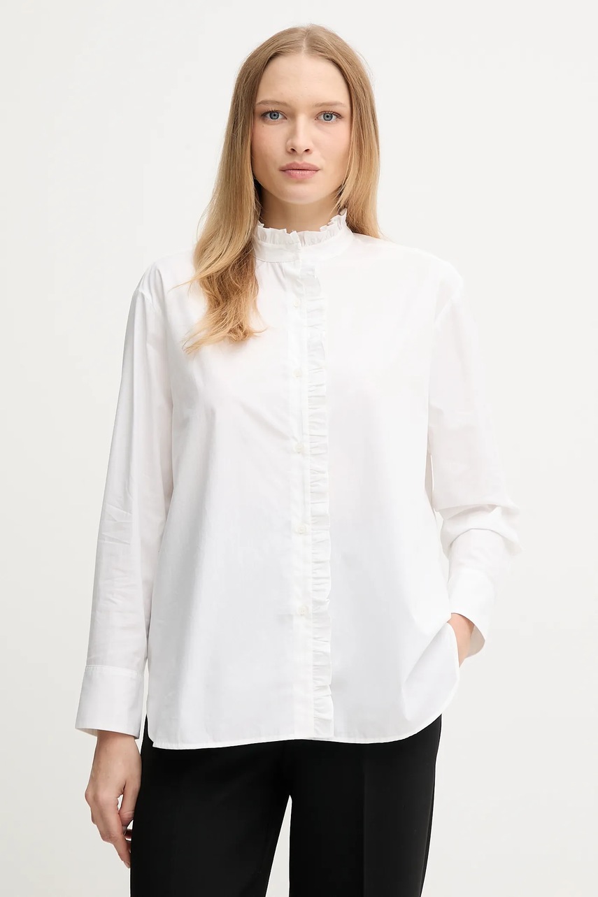 Levně Bavlněná košile Tommy Hilfiger dámská, béžová barva, relaxed, se stojáčkem, WW0WW46848