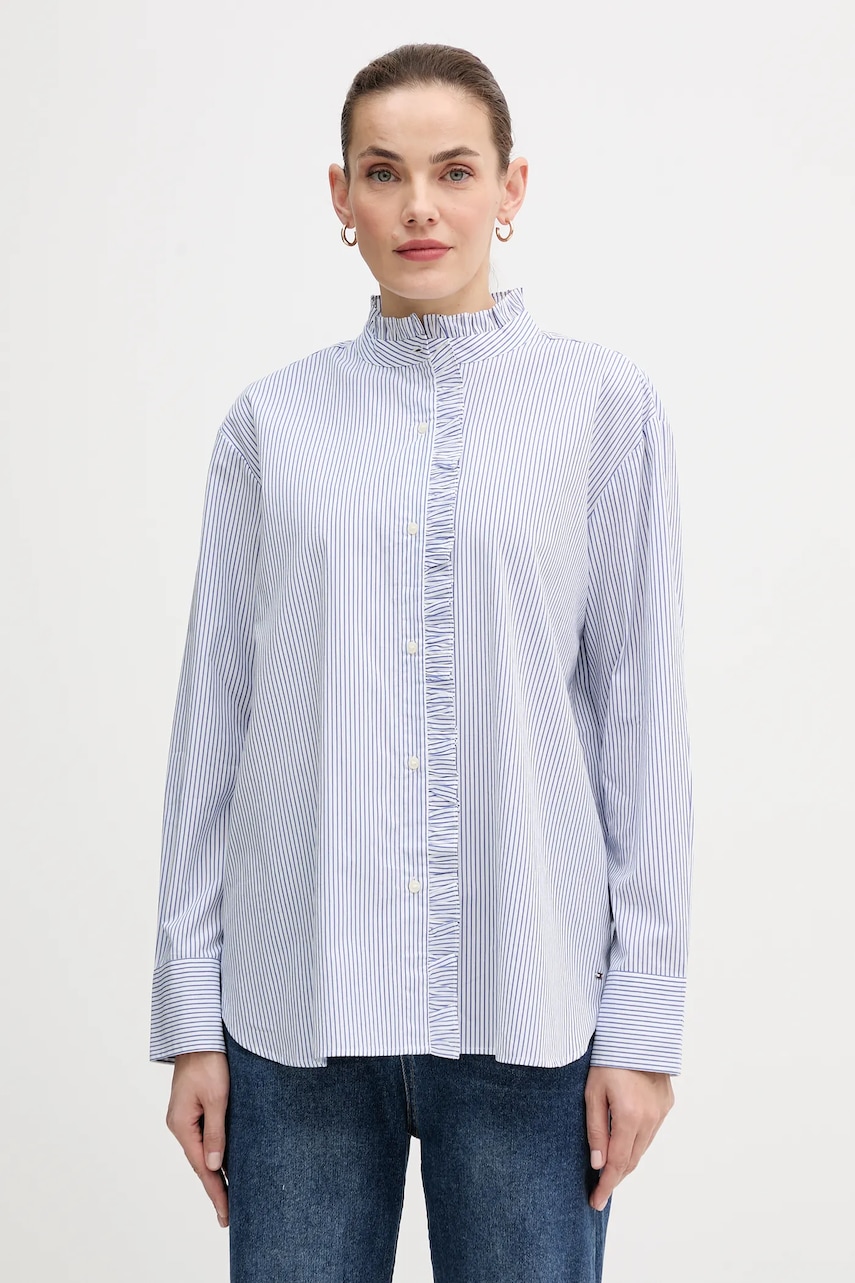 

Памучна риза Tommy Hilfiger дамска в синьо със свободна кройка с права яка WW0WW46848, Син