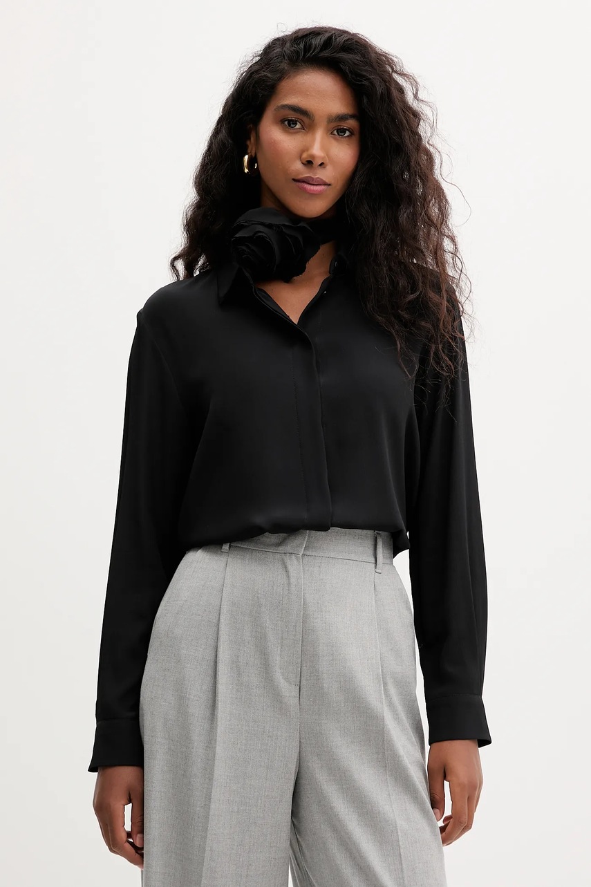 Marella cămașă cu mătase culoarea negru, cu guler clasic, relaxed, 2523116071200