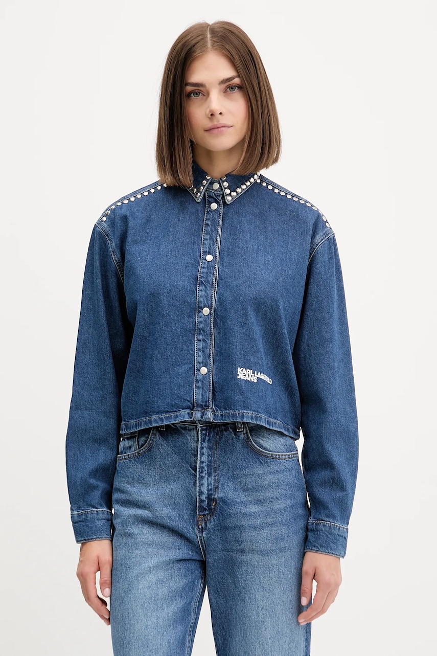 Karl Lagerfeld Jeans cămașă jeans culoarea bleumarin, cu guler clasic, relaxed, A4W11002