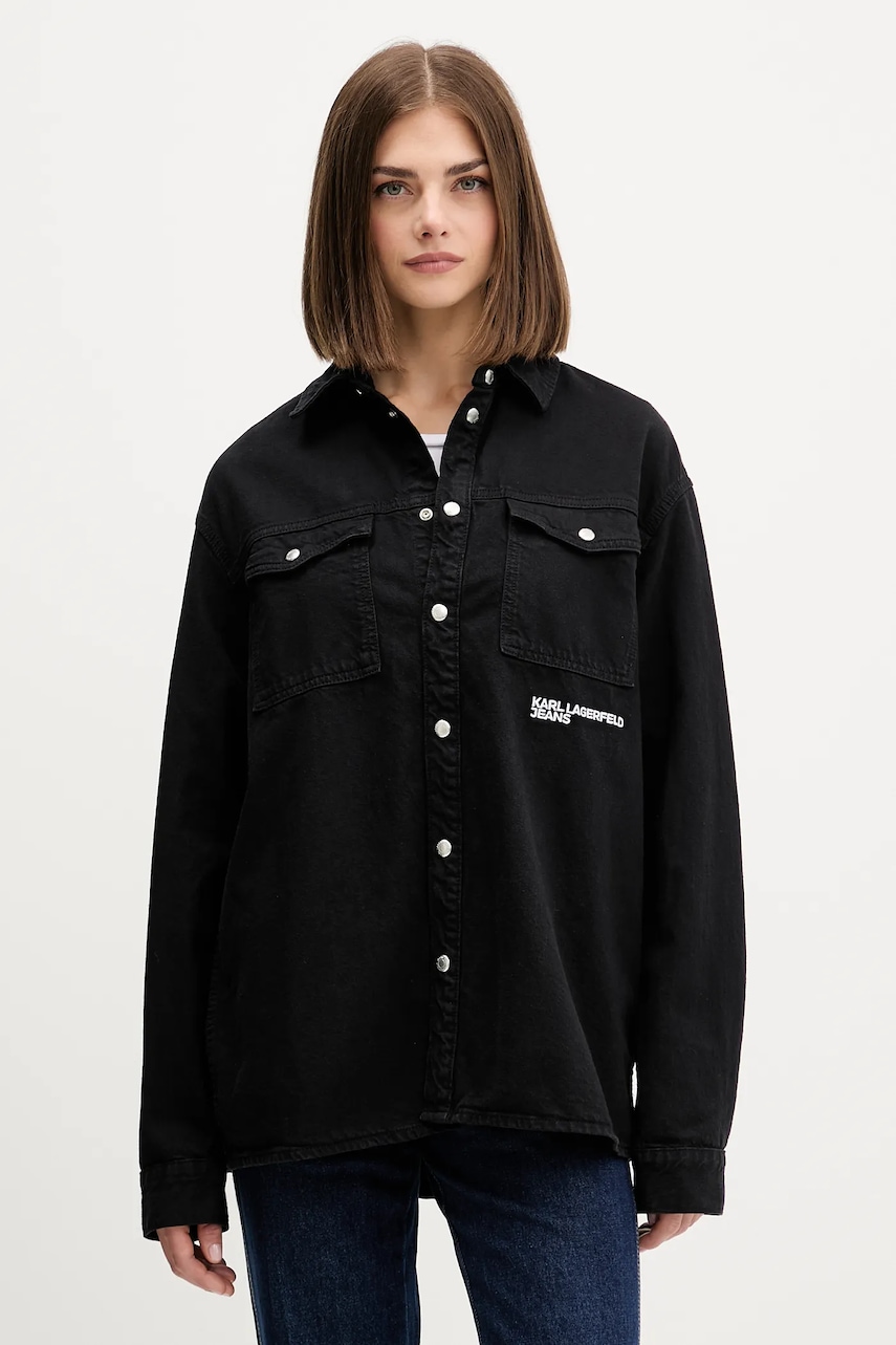 Karl Lagerfeld Jeans cămașă jeans culoarea negru, cu guler clasic, relaxed, A4W11033