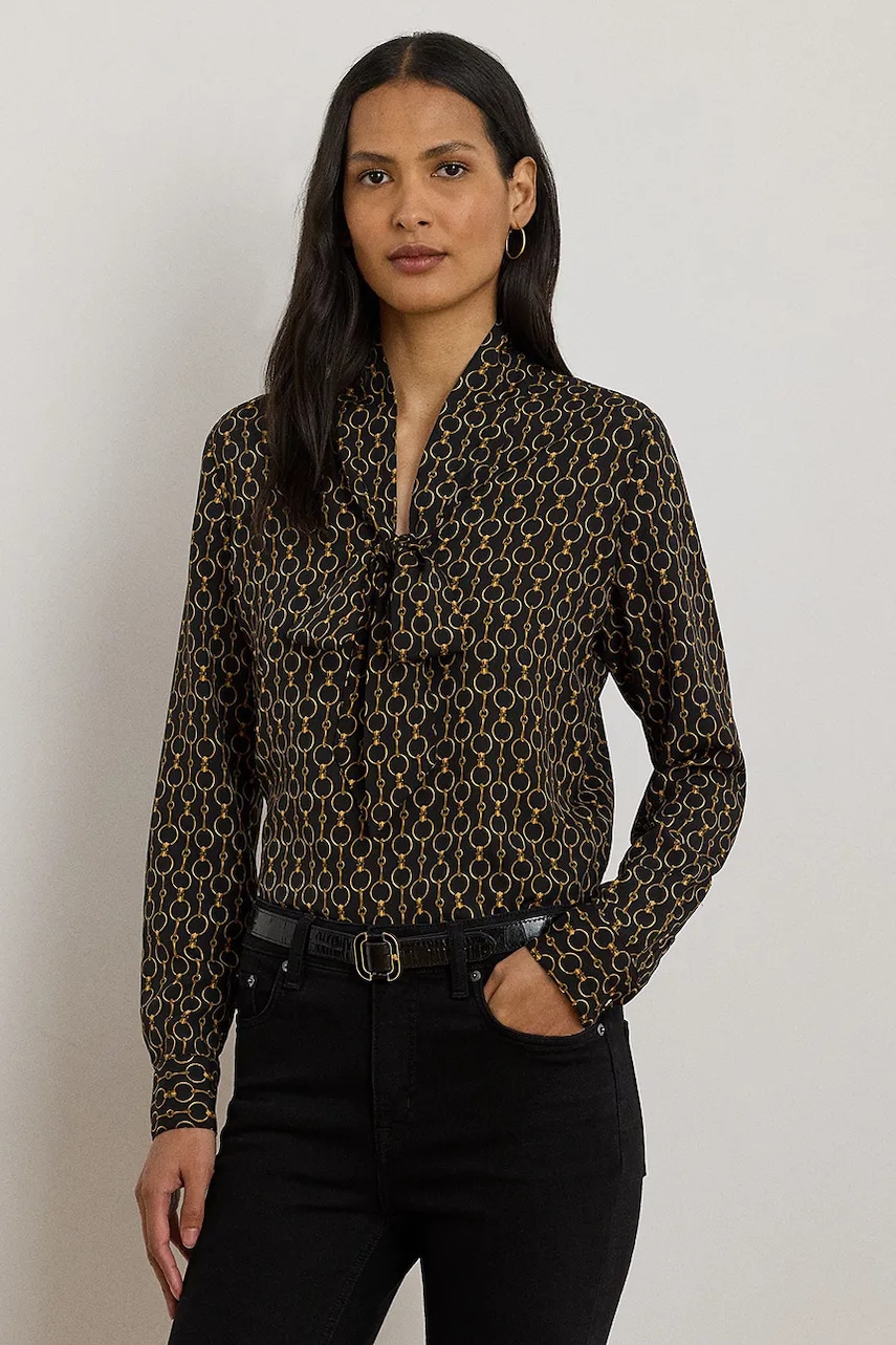 Levně Košile Lauren Ralph Lauren dámská, černá barva, regular, s klasickým límcem, 200979913