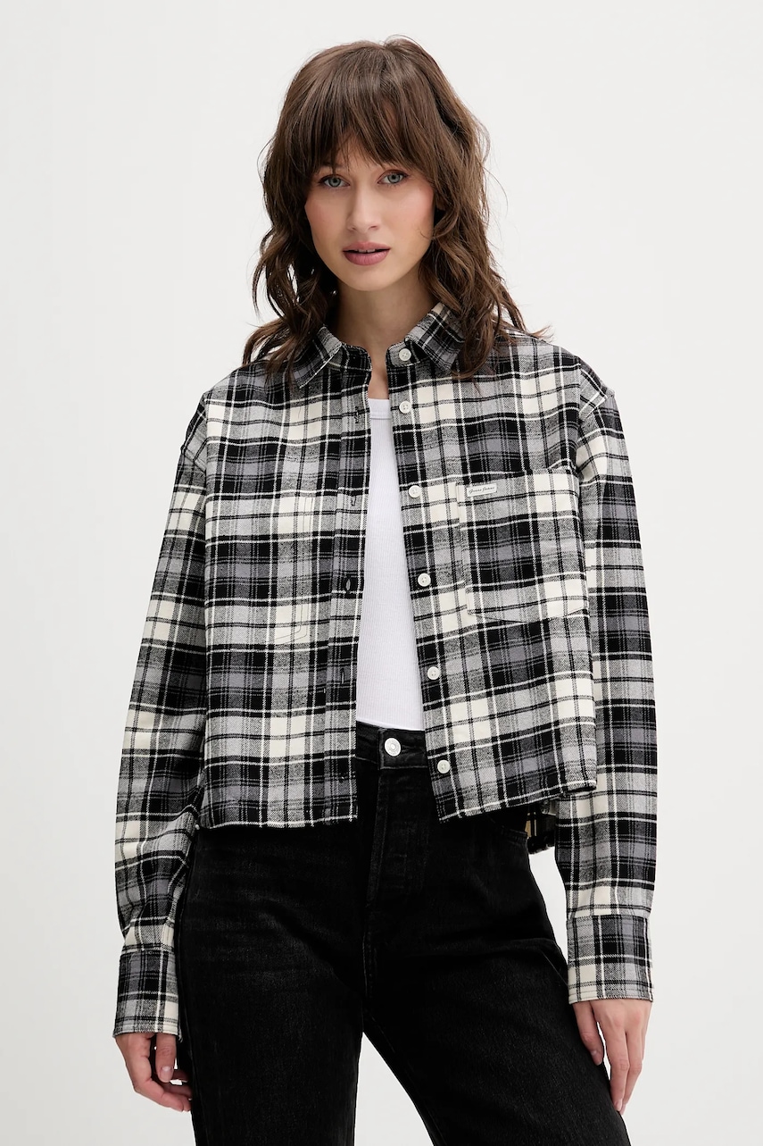 

Памучна риза Guess Jeans дамска в черно със свободна кройка с класическа яка W5BH39 WGMH1, Черен