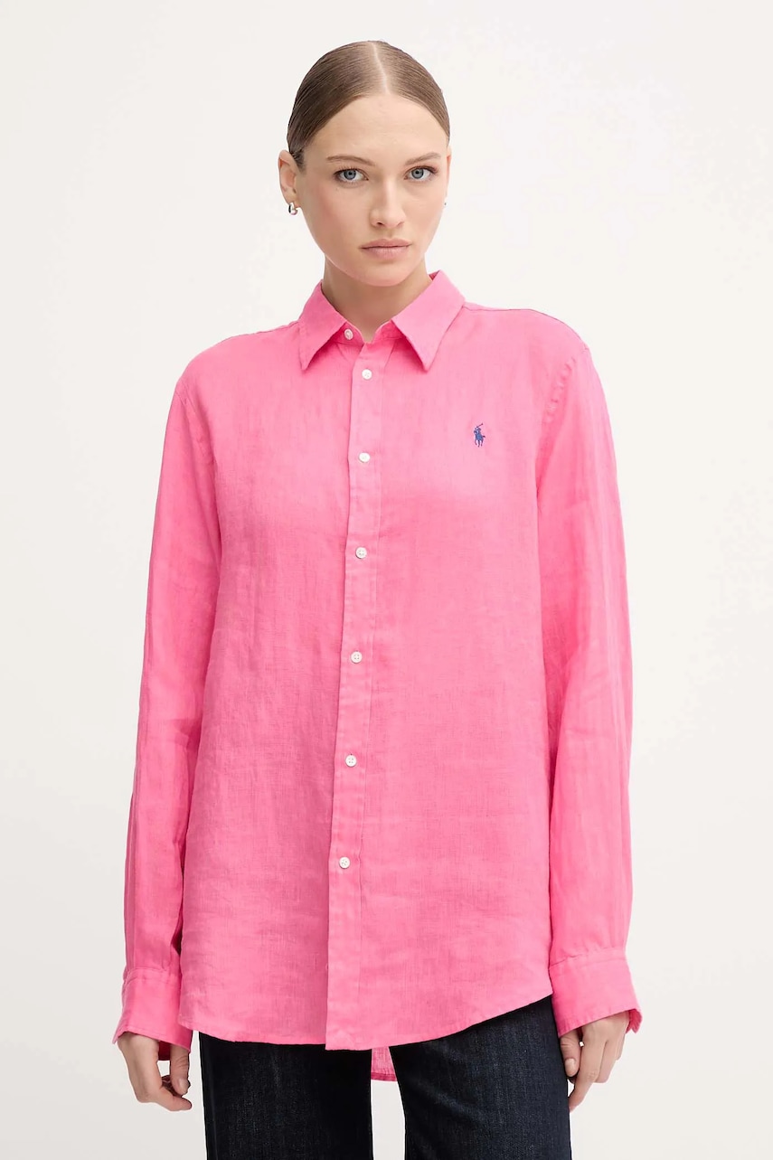 Levně Lněná košile Polo Ralph Lauren dámská, růžová barva, regular, s klasickým límcem, 211970731