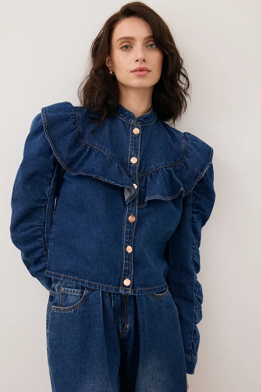 Bizuu cămașă jeans DILETTA culoarea bleumarin, cu guler stand-up, regular, DILETTA GRANATOWY