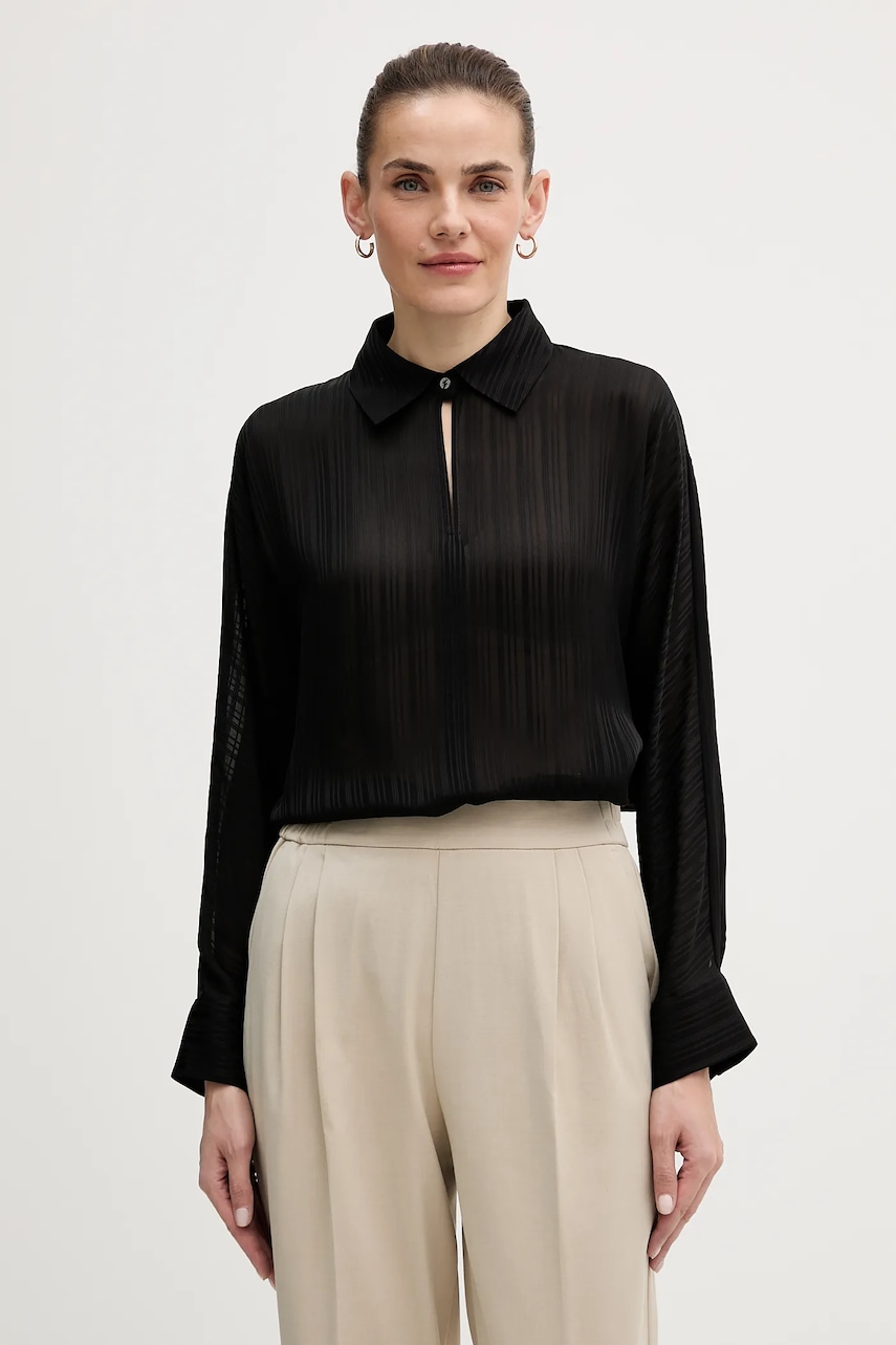 Sisley cămașă culoarea negru, cu guler clasic, relaxed, 5FGXLQ0A6