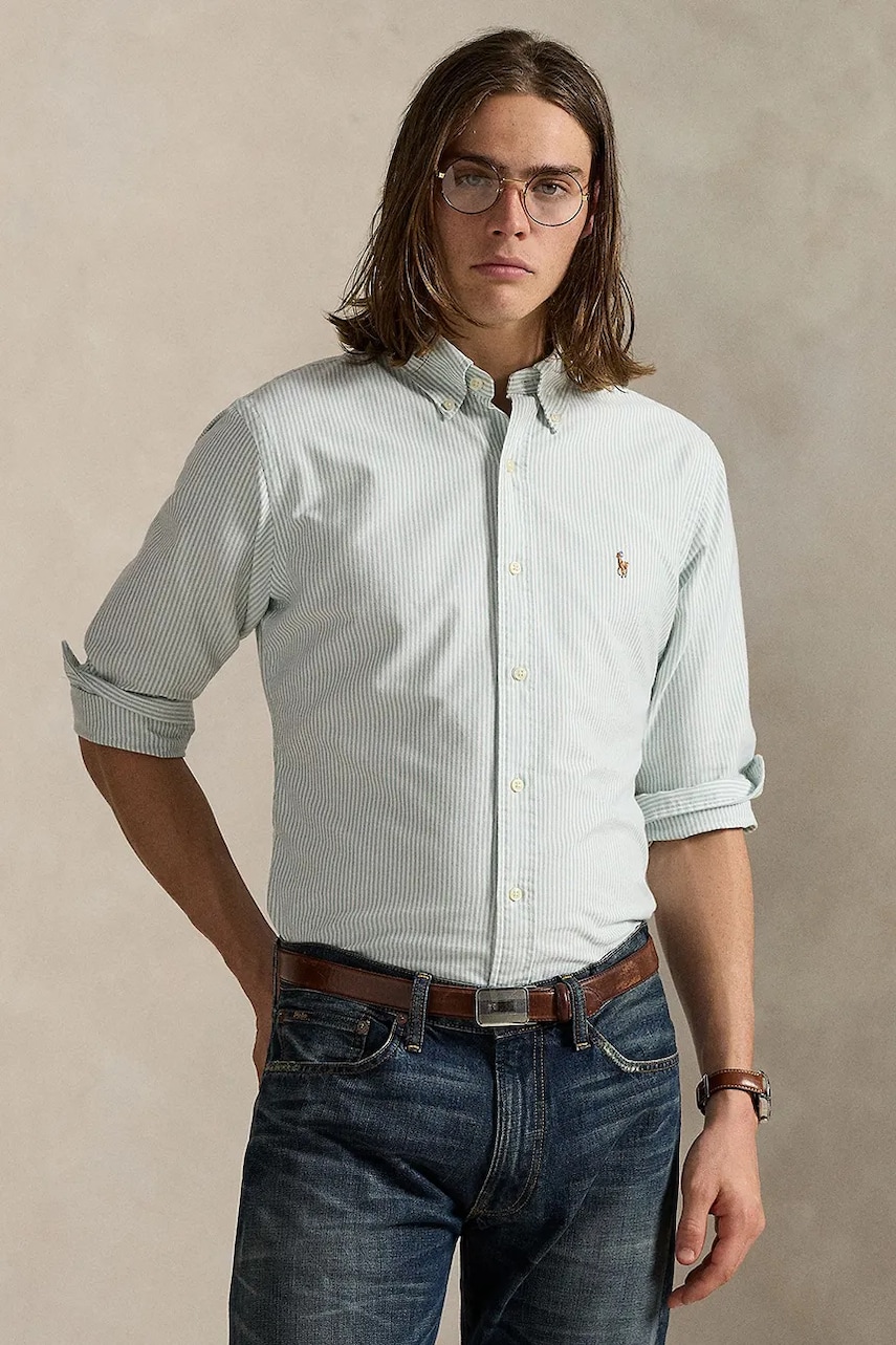 Levně Bavlněná košile Polo Ralph Lauren pánská, zelená barva, regular, s límečkem button-down, 710953704