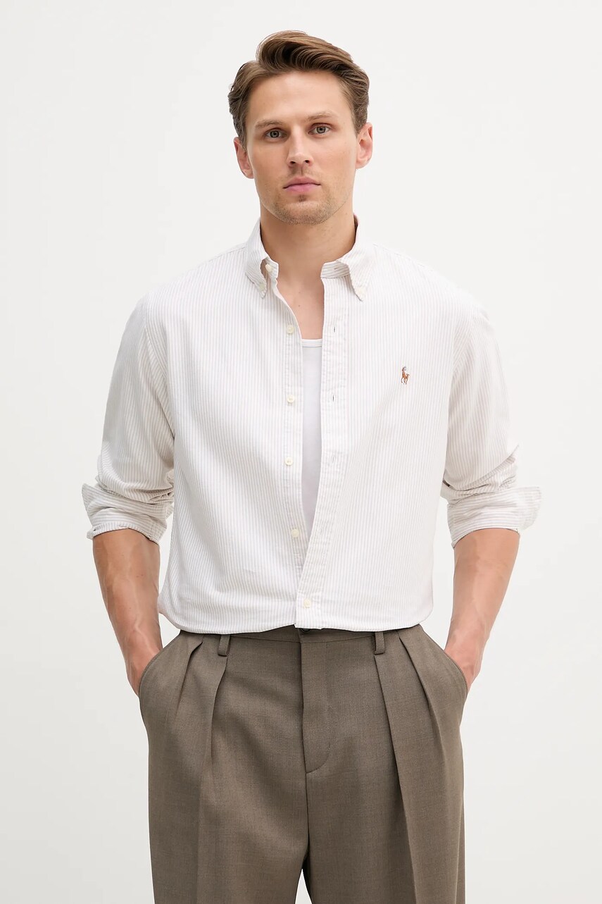 Levně Bavlněná košile Polo Ralph Lauren pánská, béžová barva, regular, s límečkem button-down, 710953704