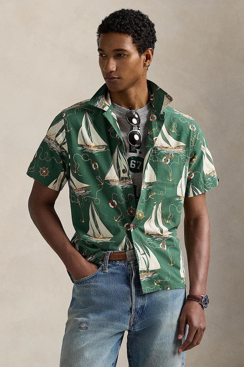 Levně Košile Polo Ralph Lauren pánská, zelená barva, regular, s klasickým límcem, 710971217