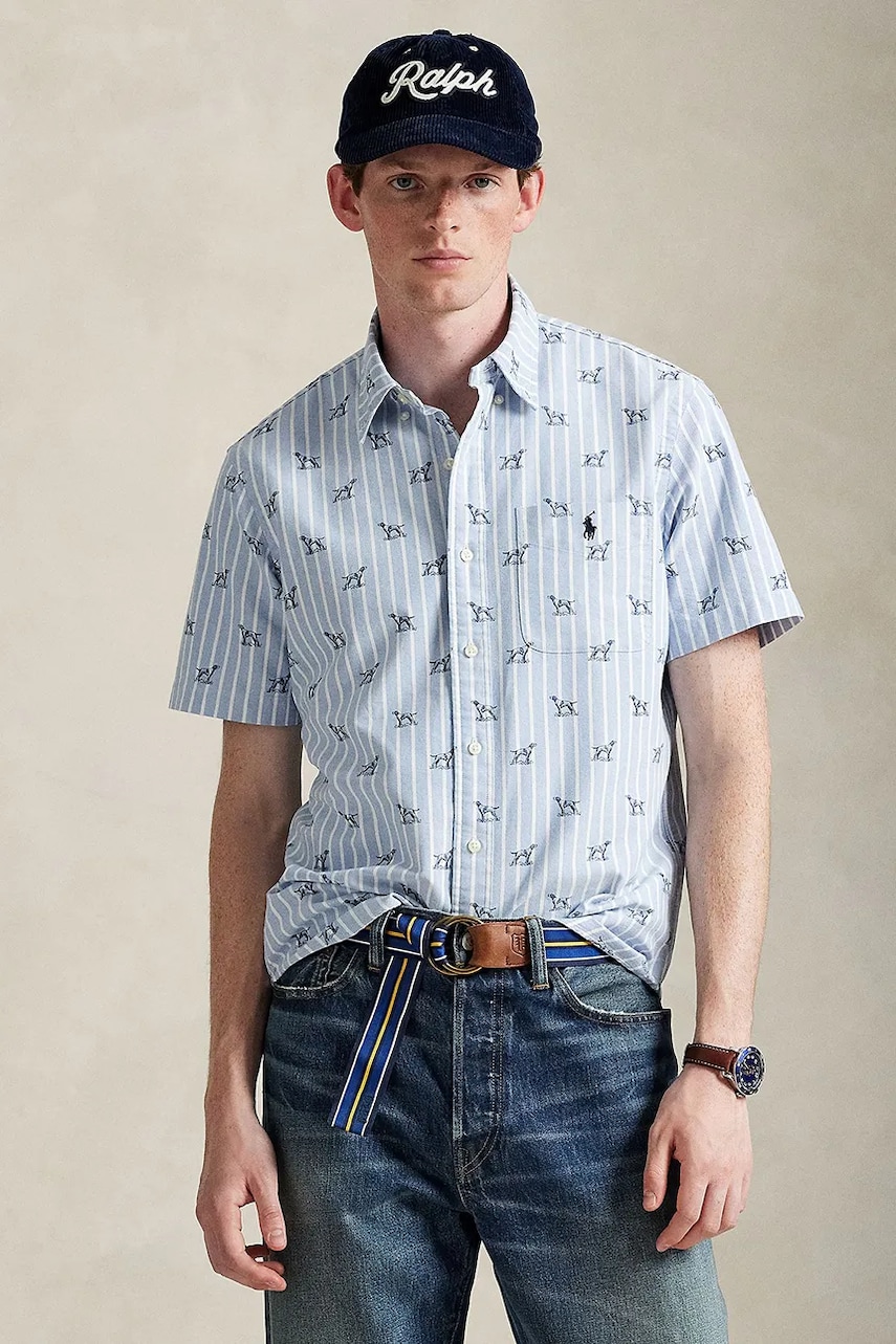 Levně Bavlněná košile Polo Ralph Lauren pánská, tmavomodrá barva, regular, s límečkem button-down, 710974541