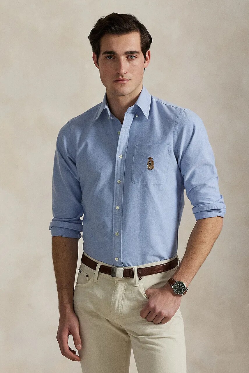 Levně Bavlněná košile Polo Ralph Lauren pánská, modrá barva, regular, s klasickým límcem, 710974543