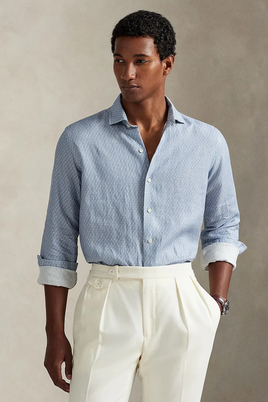 Levně Lněná košile Polo Ralph Lauren pánská, modrá barva, regular, s italským límcem, 710974546