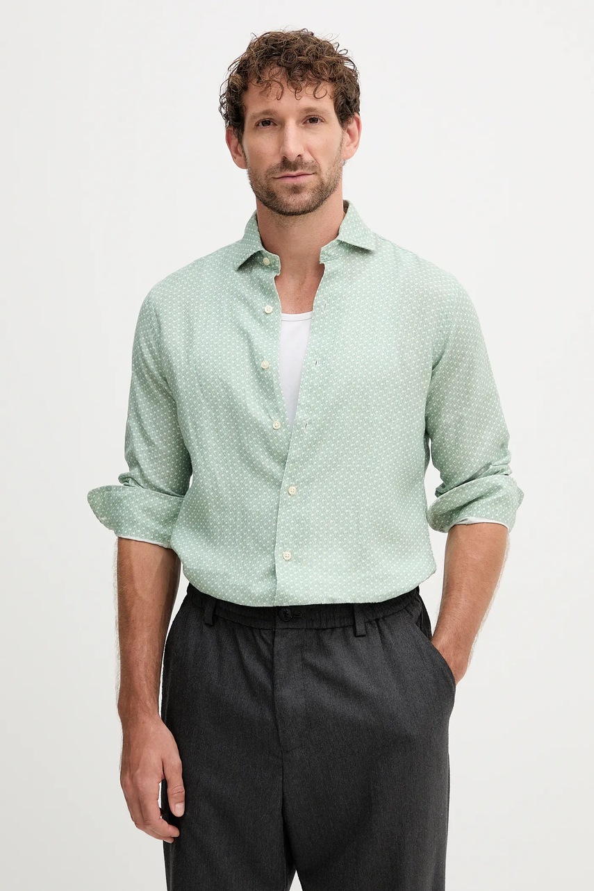Levně Lněná košile Polo Ralph Lauren pánská, zelená barva, regular, s italským límcem, 710974546