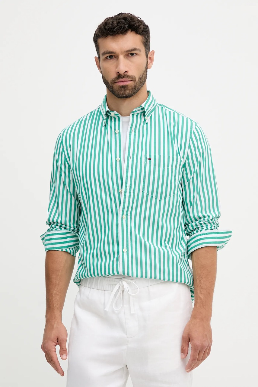 Levně Bavlněná košile Tommy Hilfiger pánská, zelená barva, regular, s límečkem button-down, MW0MW39451