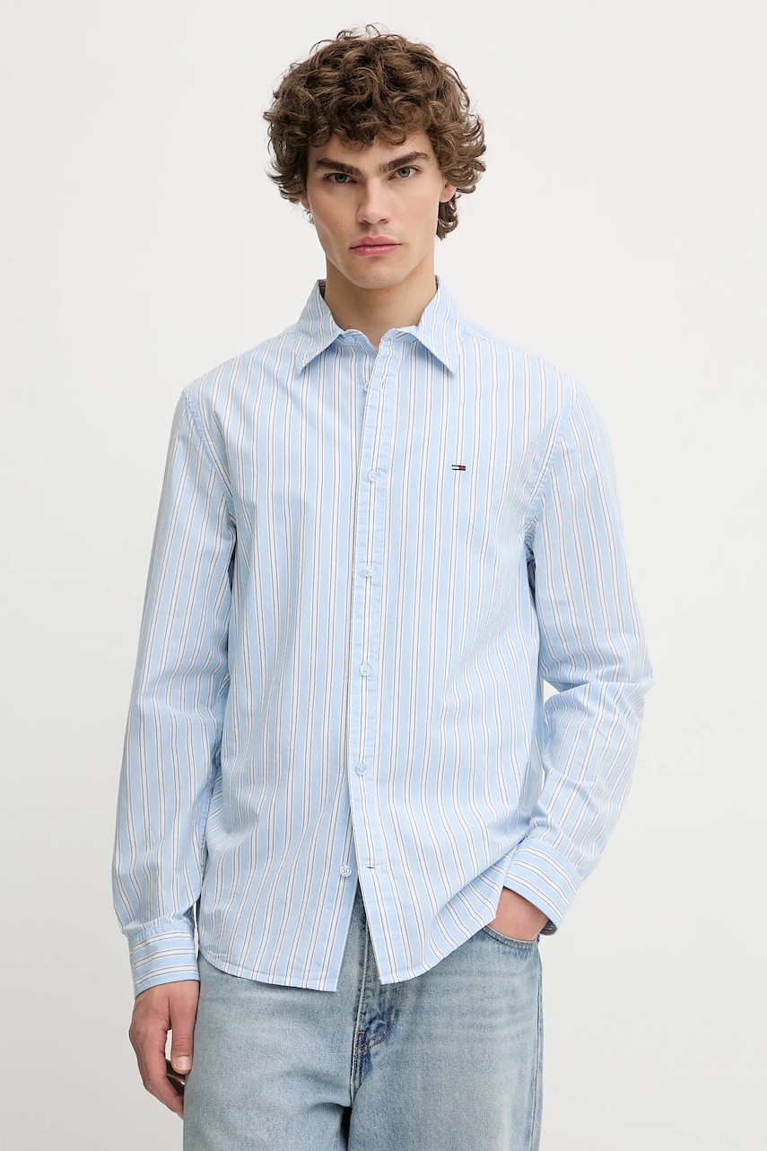Levně Bavlněná košile Tommy Jeans pánská, modrá barva, regular, s klasickým límcem, DM0DM21693