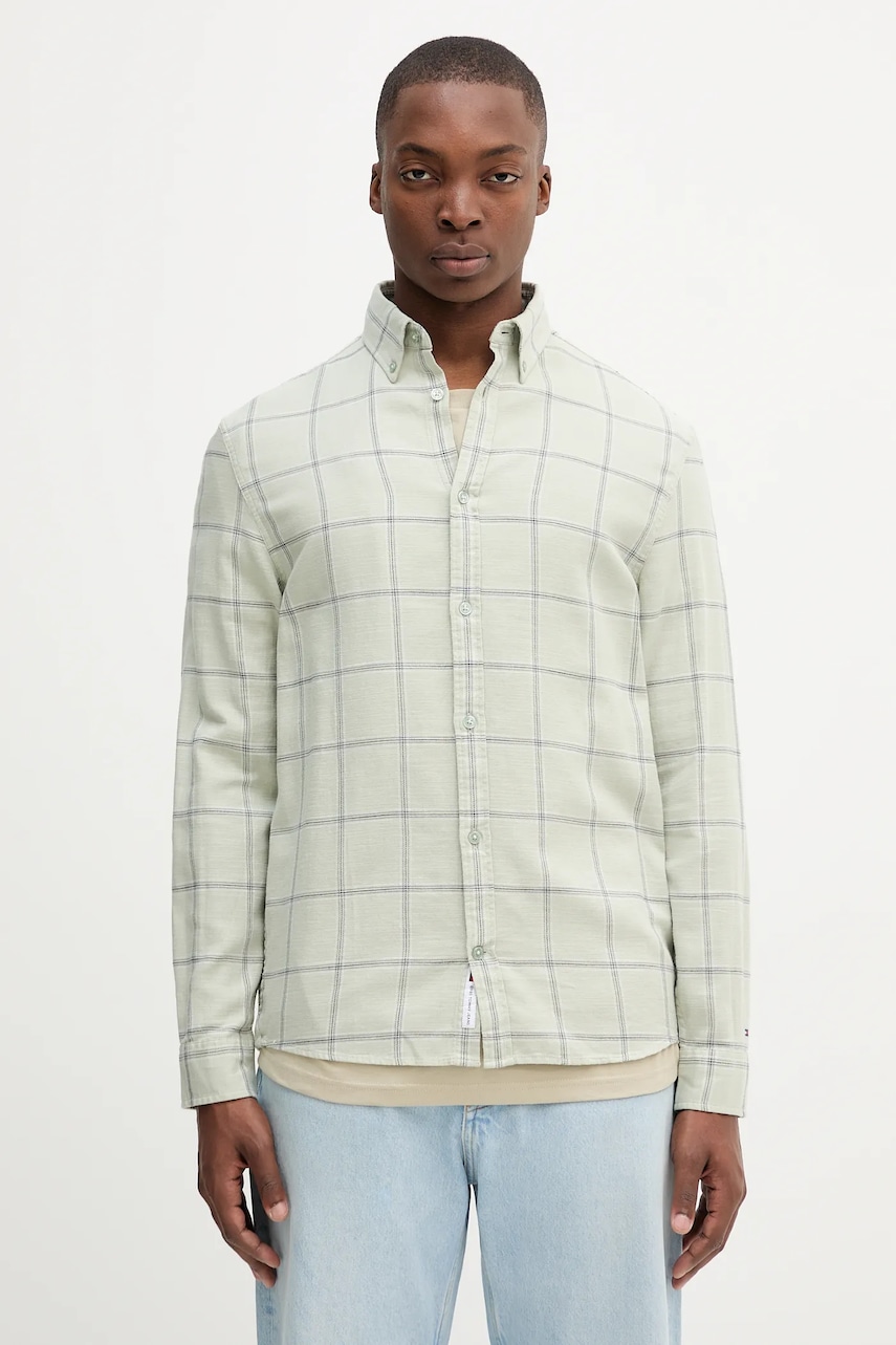 Tommy Jeans cămașă din bumbac culoarea verde, regular, DM0DM21701