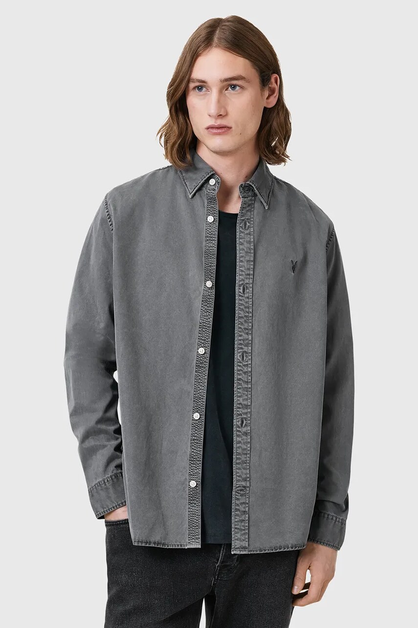 Levně Košile AllSaints BODHI pánská, šedá barva, relaxed, s klasickým límcem, M090SC