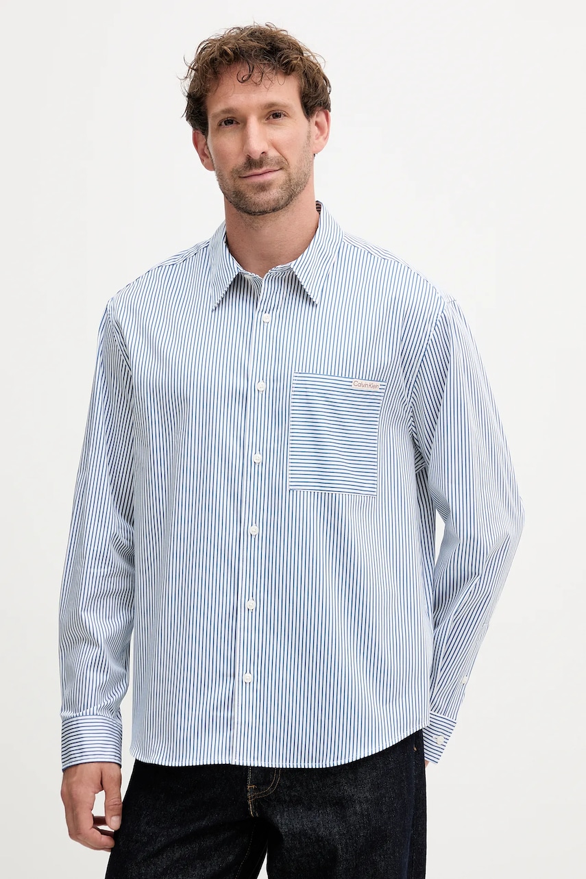 Levně Košile Calvin Klein Jeans pánská, modrá barva, relaxed, s klasickým límcem, LV04RC111G