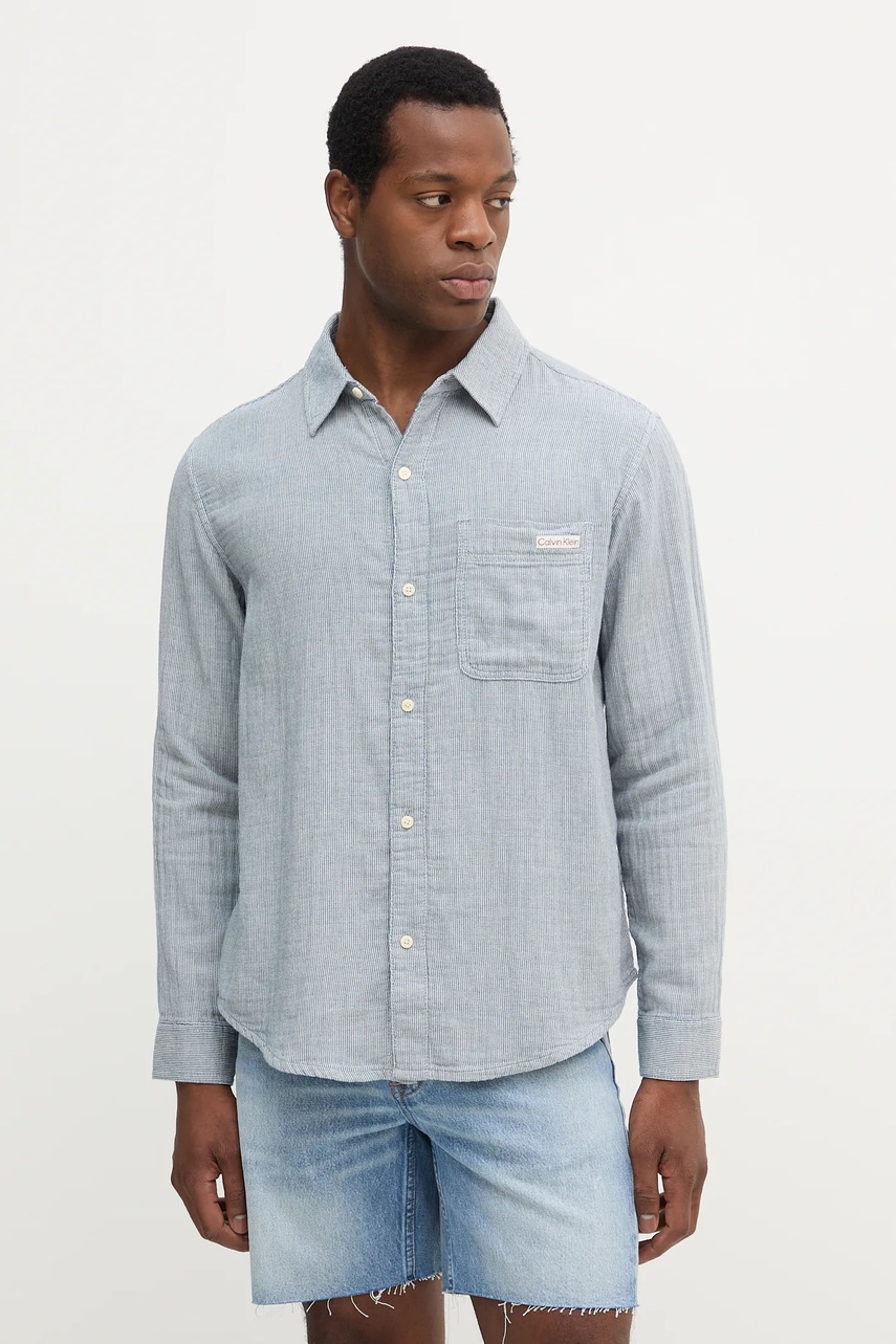 Levně Bavlněná košile Calvin Klein Jeans pánská, modrá barva, regular, s klasickým límcem, LV04RC706G