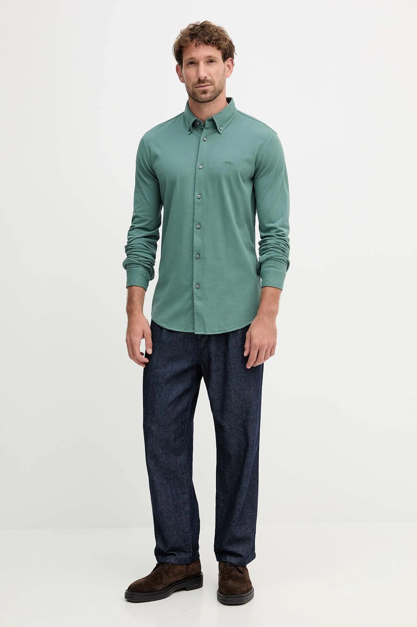 Хлопковая рубашка BOSS Orange цвет зелёный slim воротник button-down 50543089