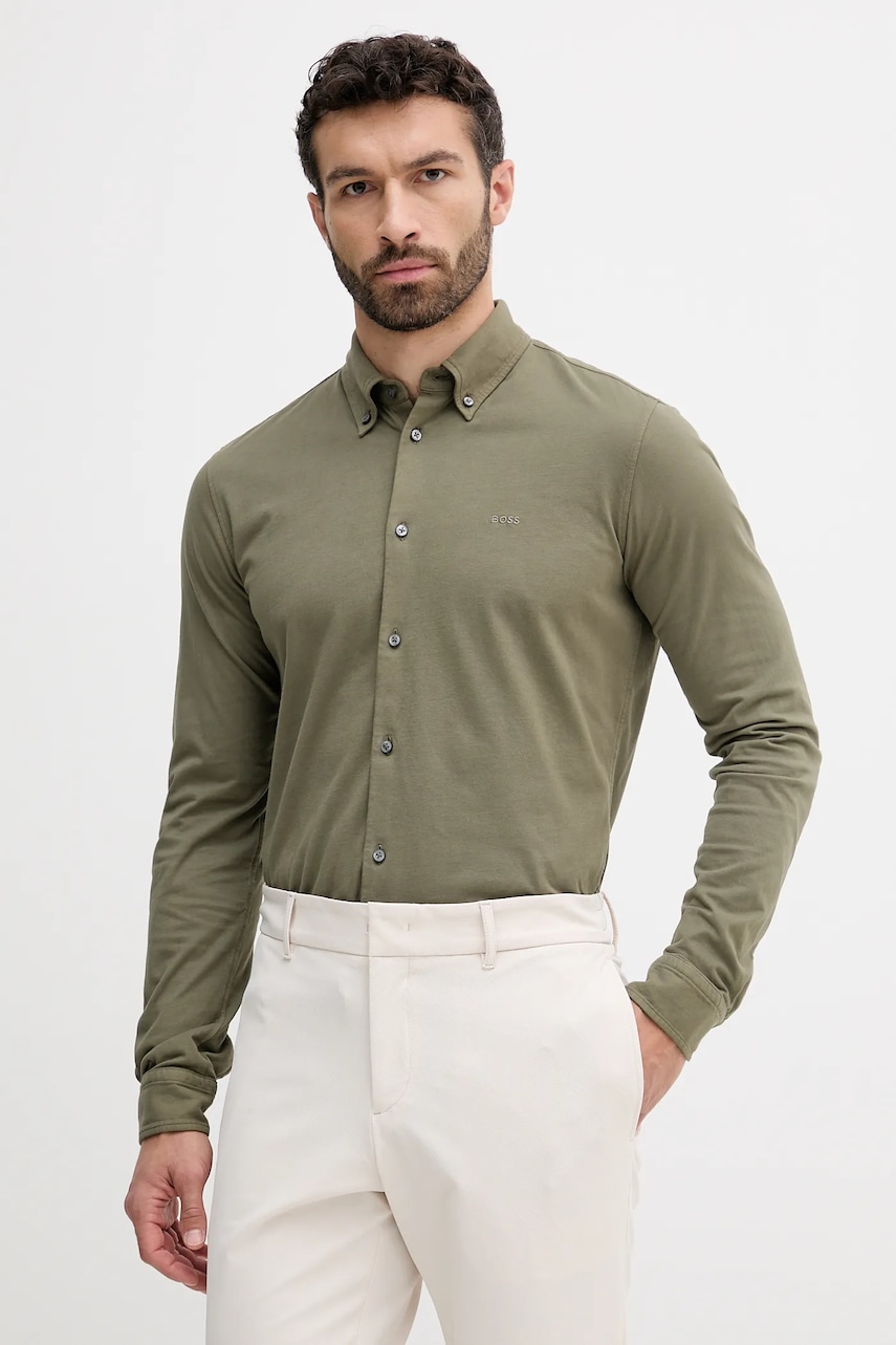 BOSS Orange cămașă din bumbac culoarea verde, cu guler button-down, slim, 50543089