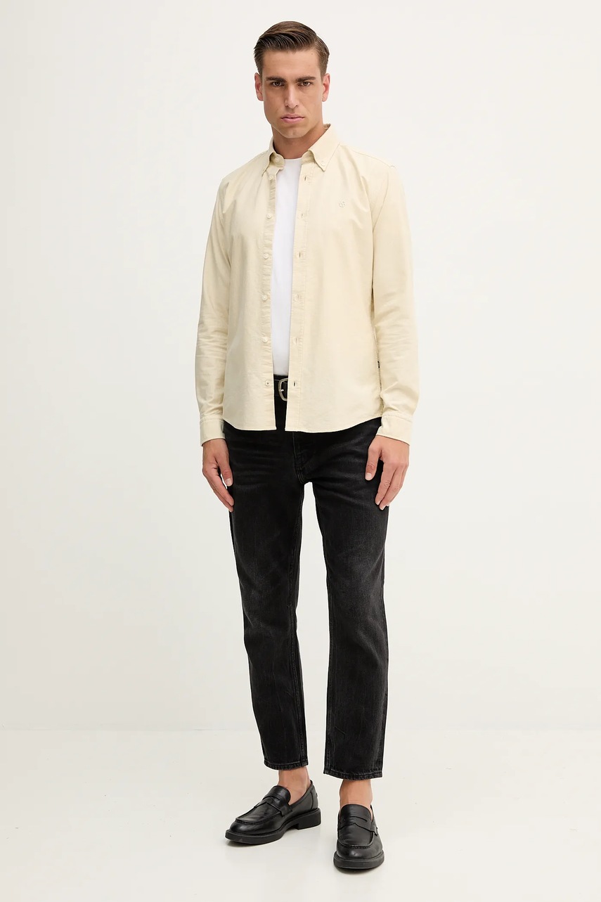 Хлопковая рубашка BOSS цвет бежевый regular воротник button-down 50544917
