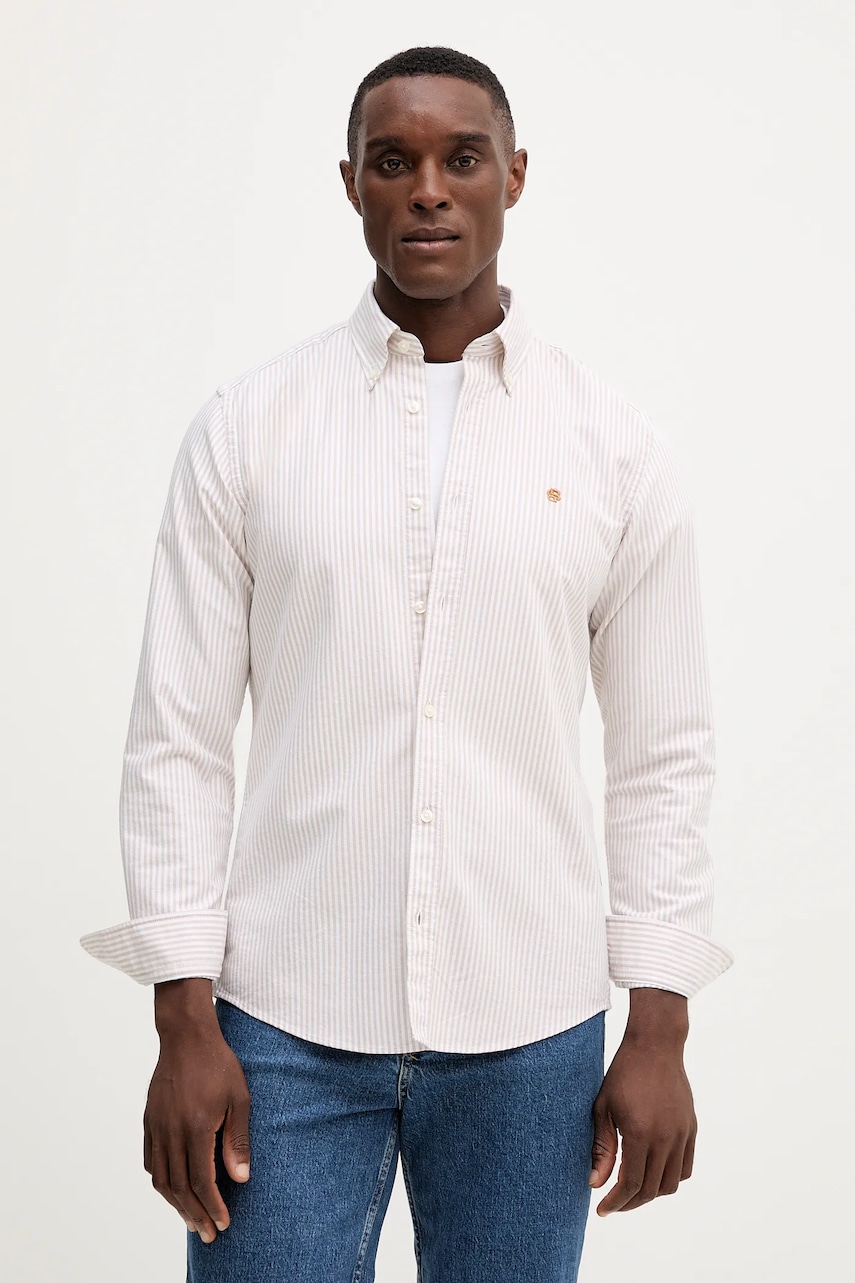 Levně Bavlněná košile BOSS pánská, béžová barva, slim, s límečkem button-down, 50544976