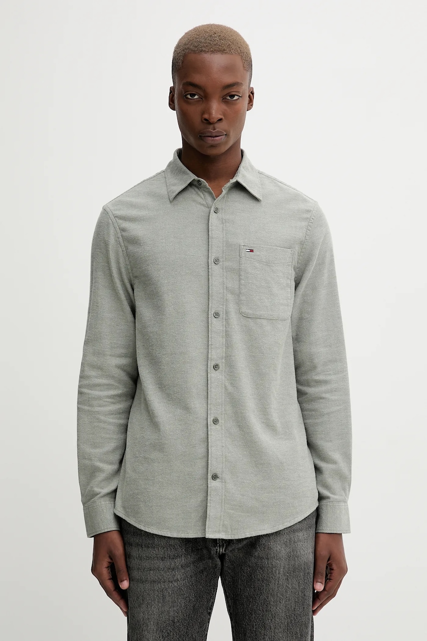 Tommy Jeans cămașă din bumbac culoarea verde, cu guler clasic, regular, DM0DM22023
