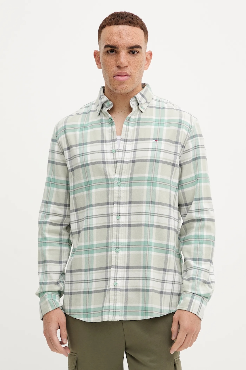 Tommy Jeans cămașă din bumbac culoarea verde, cu guler button-down, regular, DM0DM22024