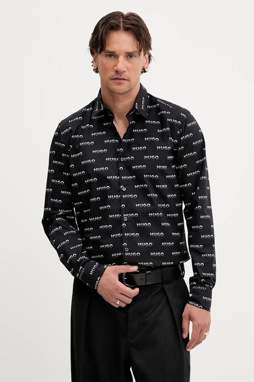 HUGO cămașă din bumbac culoarea negru, cu guler clasic, slim, 50545349