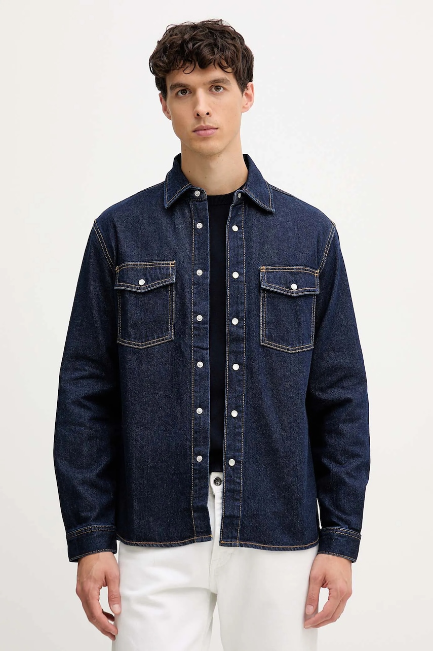 United Colors of Benetton cămașă jeans culoarea bleumarin, cu guler clasic, regular, 5R5ZUQ05Z