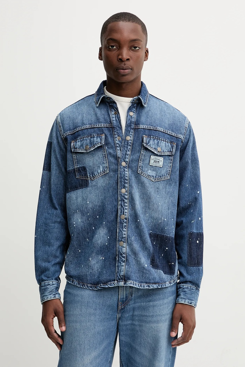 Levně Džínová košile Guess Originals pánská, modrá barva, regular, s klasickým límcem, M5YH82 D5R01