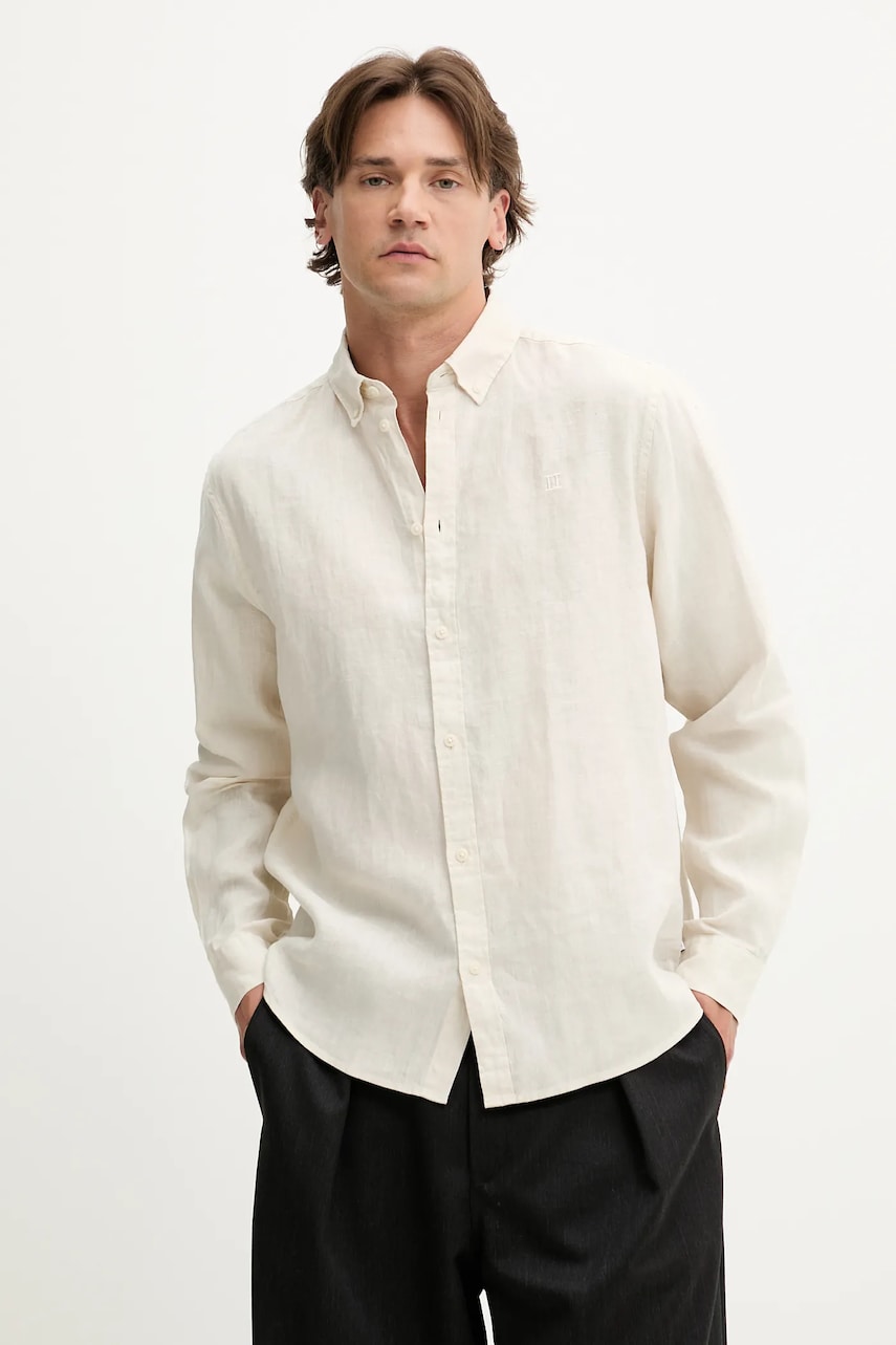Les Deux cămașă de in Konrad culoarea bej, cu guler button-down, regular, 1000001